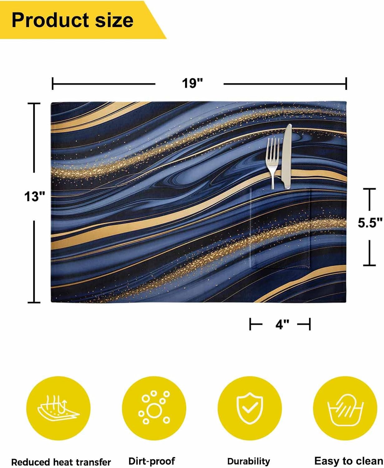 Marble Placemats Set of 6, Woven Placemat Washable Wipeable Table Placemat with Pocket, Holiday Cloth Table Mat for Party Kichen Dinner Modern Navy Blue Abstract Gold