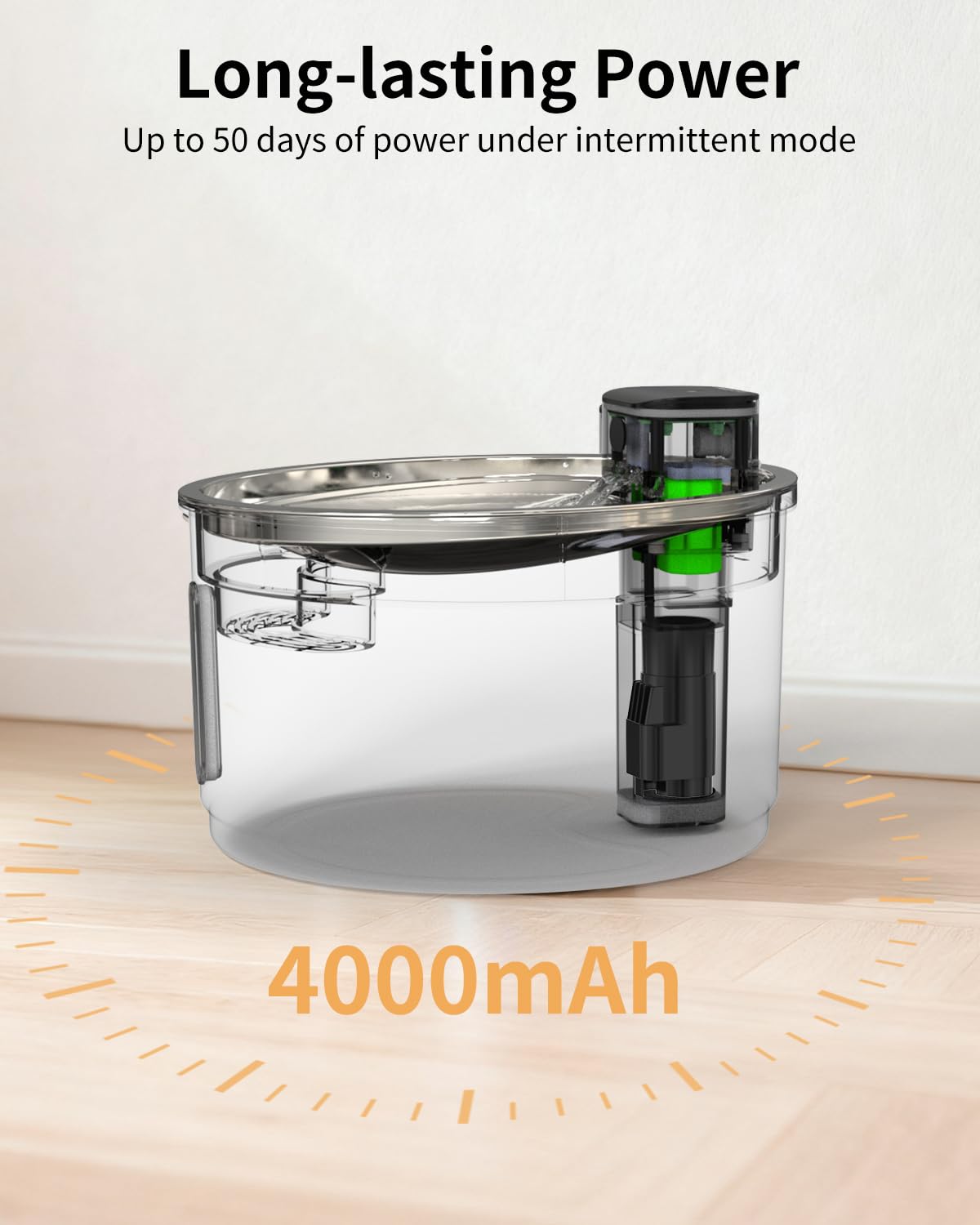 NPET Fuente inalámbrica de acero inoxidable para gatos, 1 galón/138 onzas, funciona con pilas, fuente automática para mascotas, dispensador de agua inalámbrico para perros con 8 filtros de repuesto