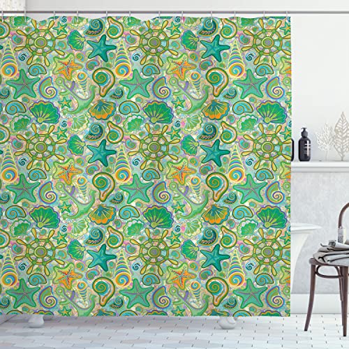 Ambesonne Nautical Shower Curtain, Animals Marine Colorful Floral Pattern Aquatic Starfish Seashell, Cloth Fabric Bathroom Decor Set with Hooks, 69" W x 75" L, Green Orange