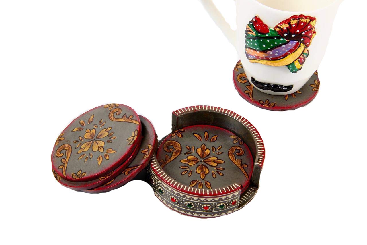 Purpledip Wooden Coasters (Set of 6): Hand-Painted Decorative Barware (10260)