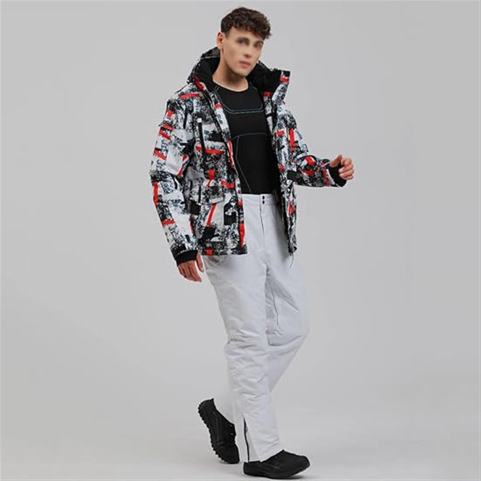 Completi Da Neve Da Uomo, Set Di Tute Da Sci Da Uomo Con Stampa Di Motivi A Strisce Alla Moda Con Cappuccio Resistenti All'usura Calde, Tuta Da Sci Impermeabile Antivento Ampia Moda