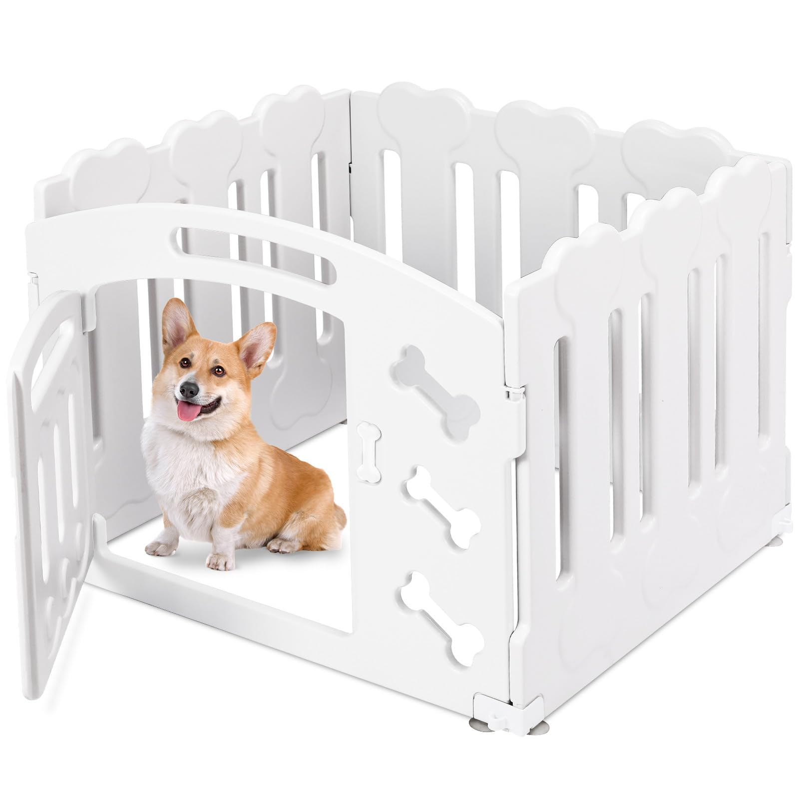 Recinto per Cani da Interno Esterno alto 60cm, Box per Cani 3+1 Pannelli, Recinzione per Cani Pieghevole, Recinto per Gatti in Plastica con Cancello, Incluse Ventose e Ancoraggi a Terra, Bianco