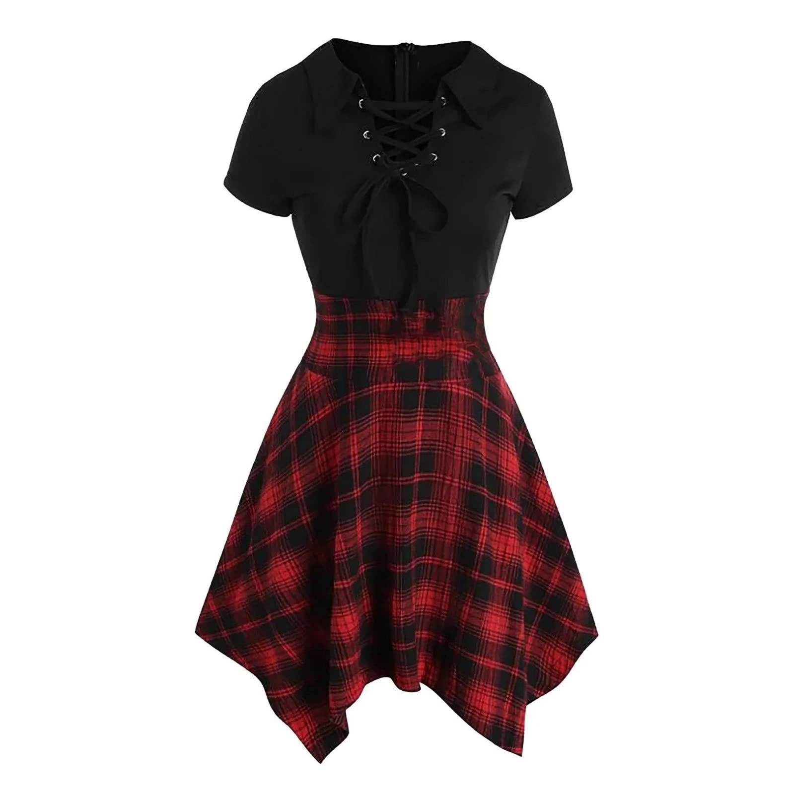 Women Dress Sale,Ladies Fashion Lace-up Short-Sleeved Irregular Hem Plaid Stitching Dress UK Size Party Dress Clearance