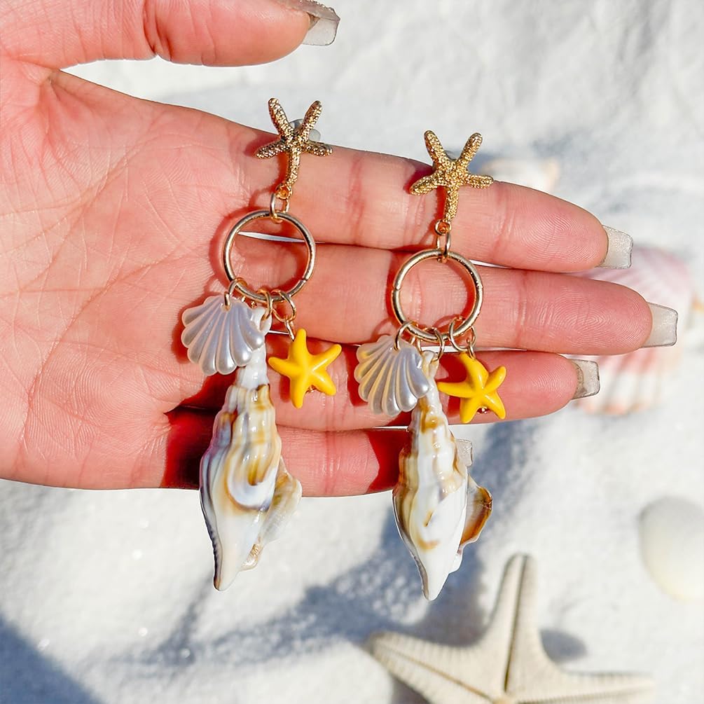 Boho Big Conch Starfish Seashell Dangle Earrings for Women, Dainty 14K Gold Sea Shell Circle Drop Stud Earring Holiday Beach Beachy Jewelry Accessories - Image 5