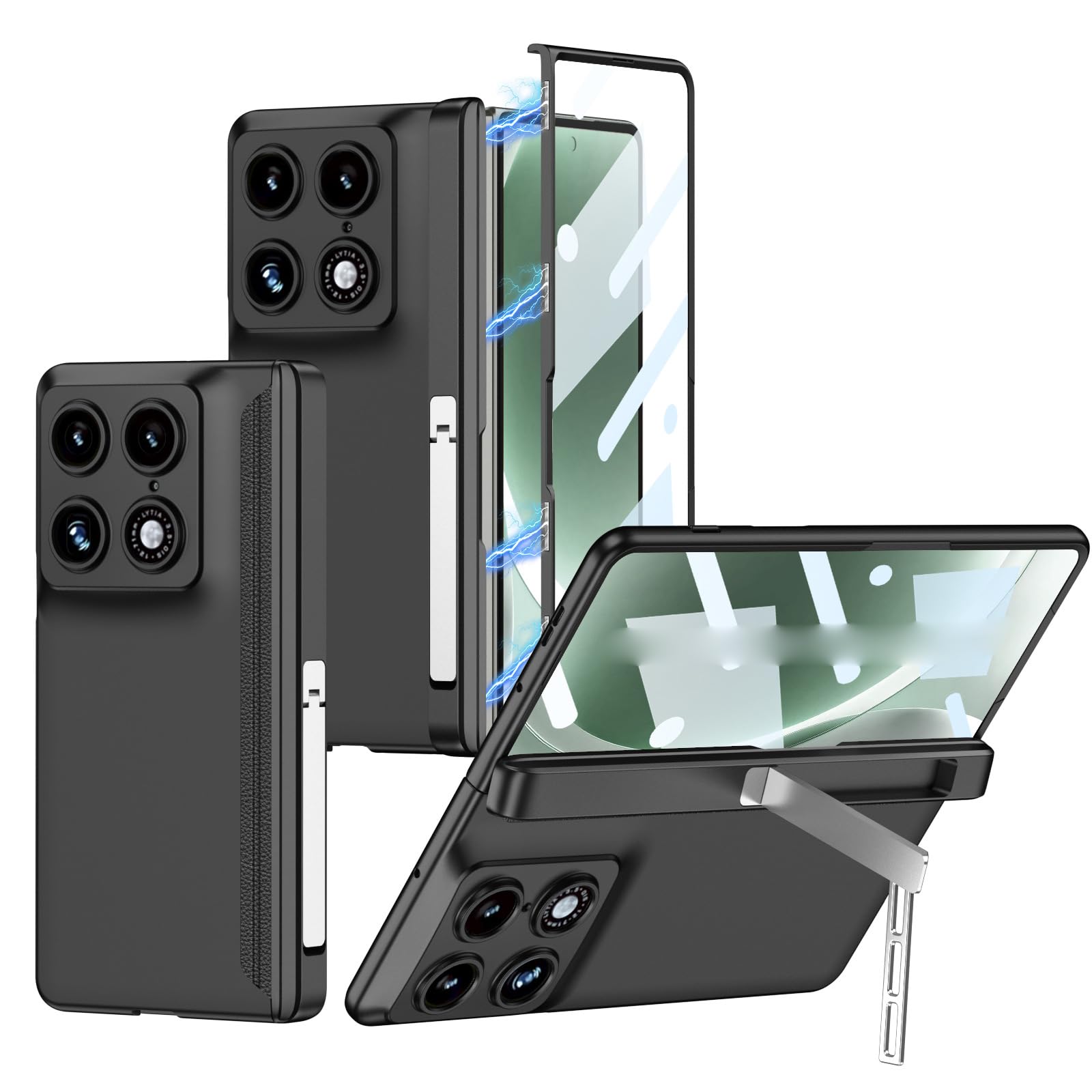 FDUJINH Case for Moto Razr Fold, Magnetic Closure Hinge Anti-Fall Cover Adjustable Stand All-Inclusive Shell Built-In Screen Protector,Black,Fold
