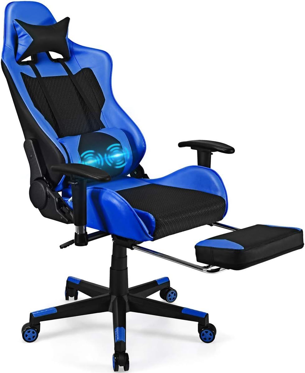 POWERSTONEGaming Chair - Ergonomic Gaming Chair with Footrest for Women Racing Esports Computer Chair High-Back Massage Leather Recliner Rolling Swivel Chair (Blue)