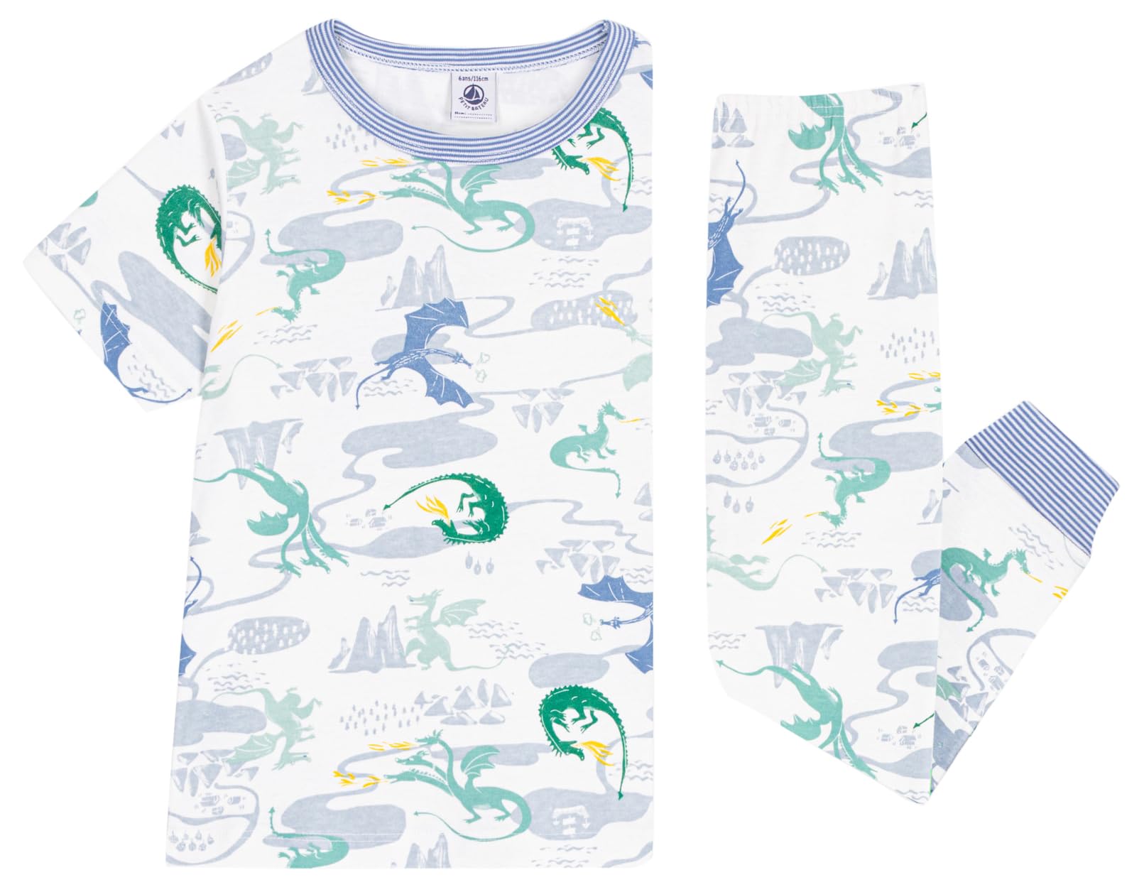 Pe Bateau Pyjama für Kinder, aus Baumwolle, kurzärmlig, Lange Beine, Bedruckt, 6A, Weiß/Mehrfarbig