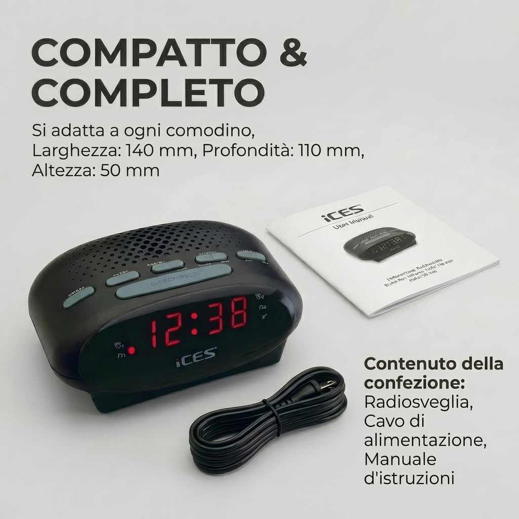 Ices ICR-210 Nero Radiosveglia FM PLL Design Moderno