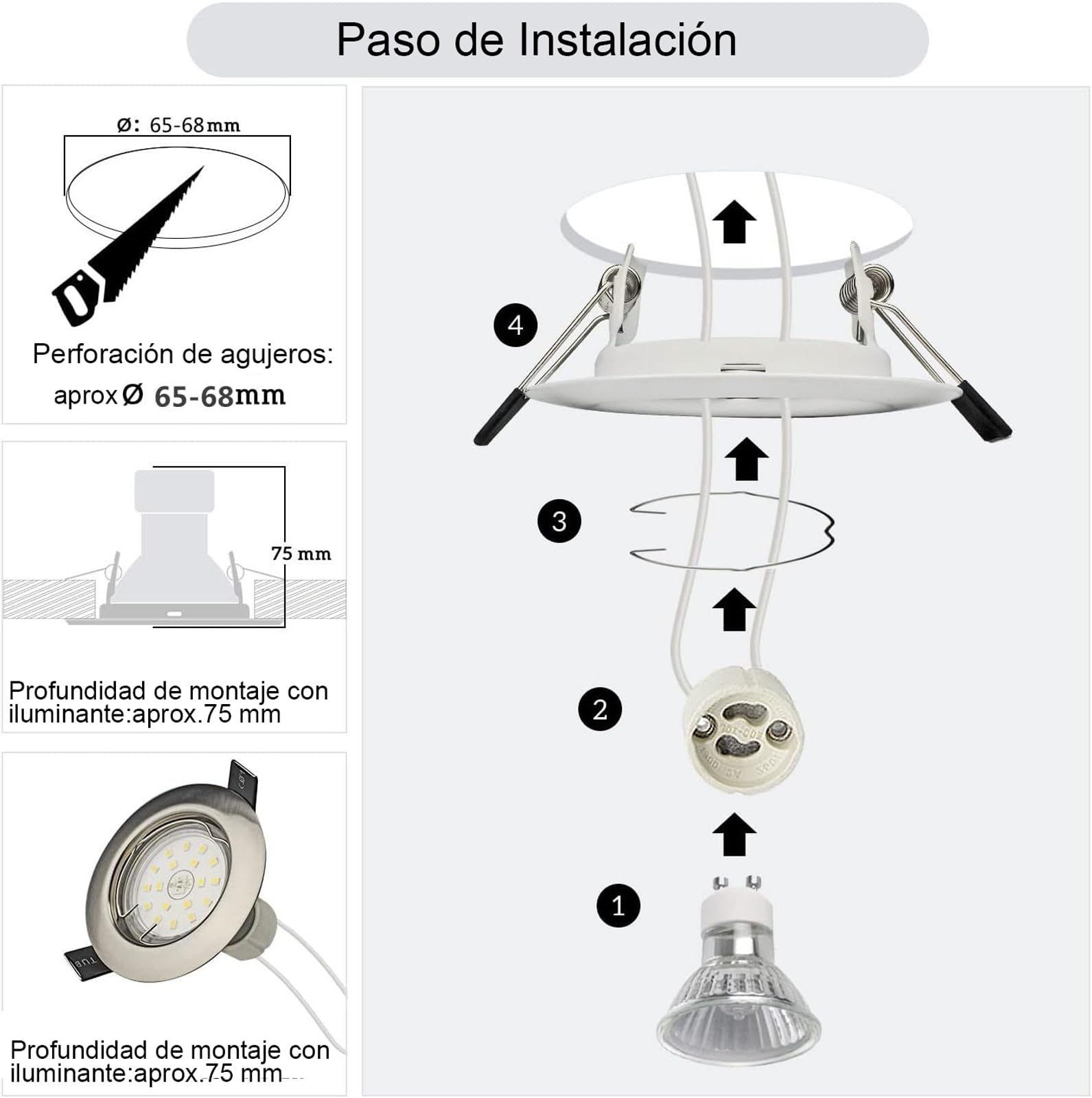 HiBay Focos empotrables GU10,20x Marco Focos gu10 Blanco,Corte 65-68mm,Para Lámparas De Led O Halógena,Marcos Downlight Empotrado Ojos de Buey con Portalamparas GU10