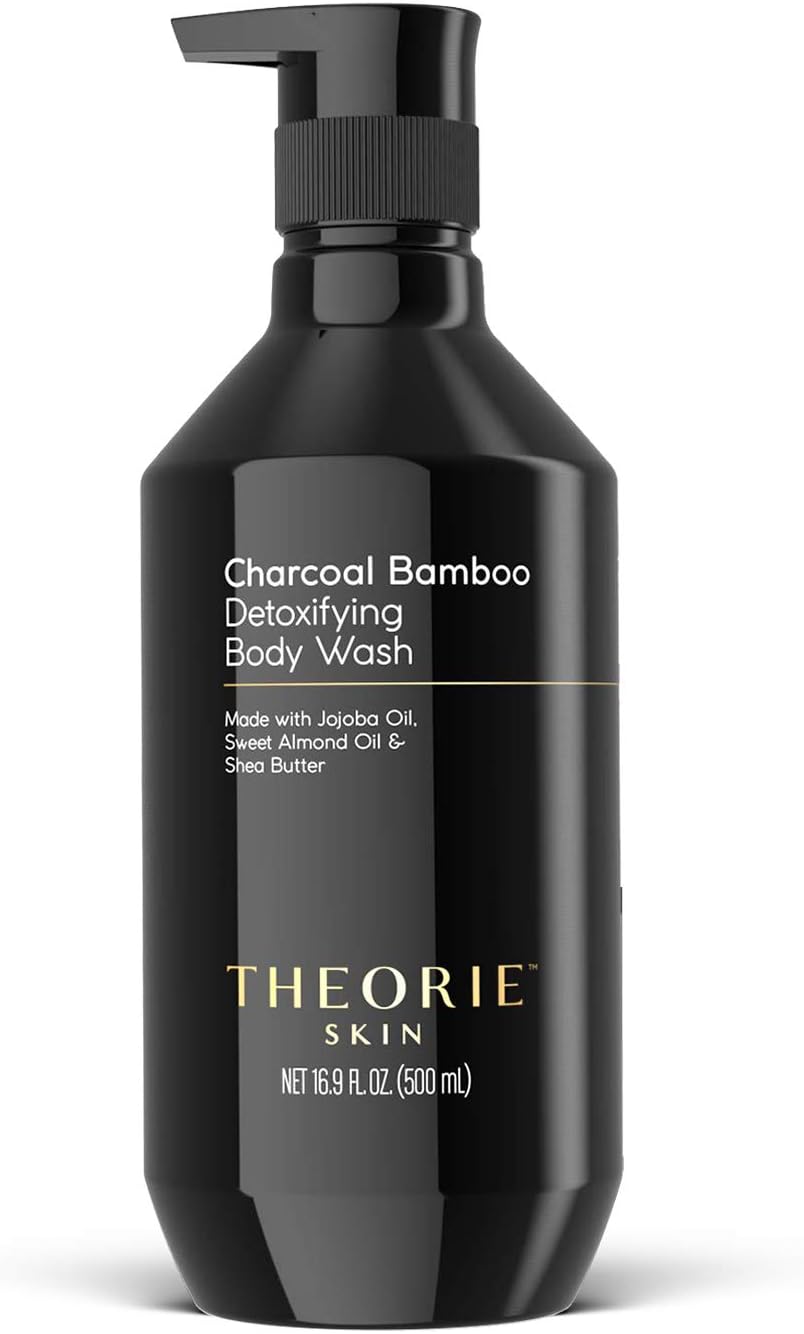 Theorie Charcoal Bamboo Detoxifying Body Wash - Moisturizing & Nourishing - Botanical Ingredients - Made with Jojoba Oil, Sweet Almond Oil, and Shea Butter, Pump Bottle 500 mL