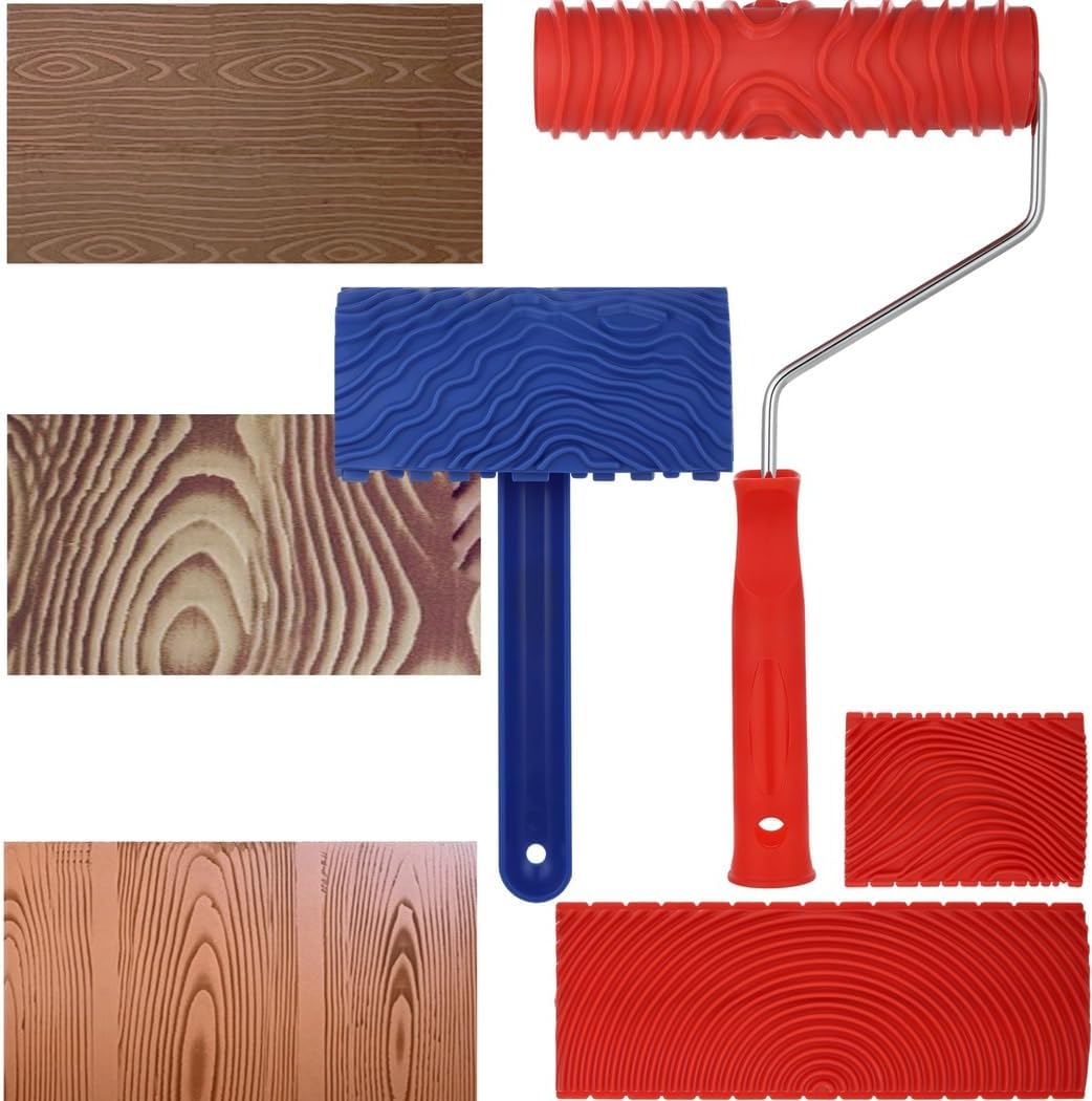 4-Piece DIY Wood Graining Tools Set for Home Decoration, Wood Grain Roller, Rocker & Rubber Tools for Painting Walls, Floors, Decks, and Furniture