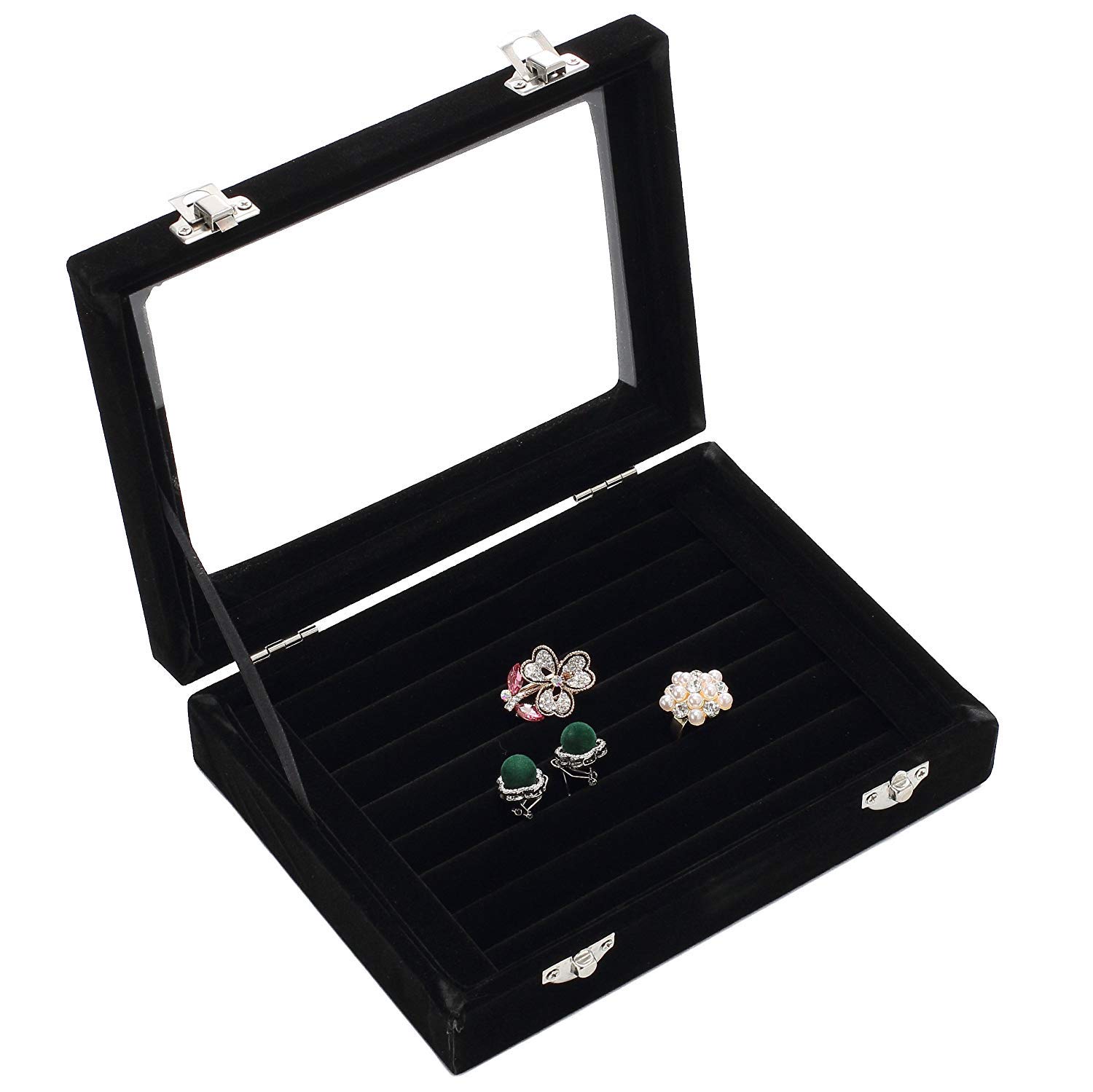 Basuwell 7Ring-Black Earring Storage 7 Slots Velvet Jewelry Tray For Drawers Glass Clear Lid Showcase Display Ring Organizer Earring Ring Trays Holder Cufflink Showcase-Black