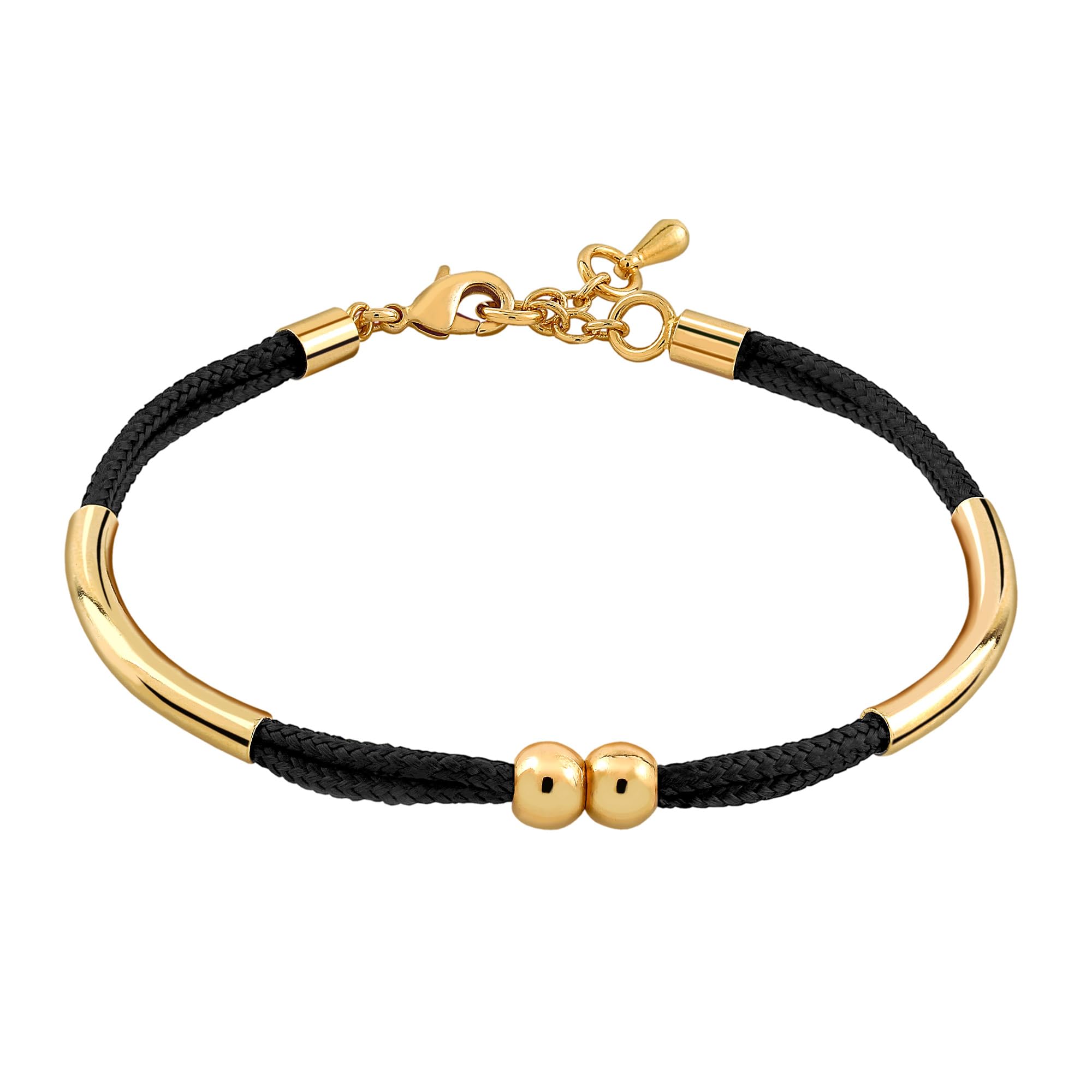 VIORET VIORET Pulsera Mujer Oro 18k Chapado con Cordón de Seda Negro - Regalos Originales para Mujer, Regalo Cumpleaños (Ajustable 15,5 cm, 16,5 cm y 17,5 cm, Bolas 6 mm)