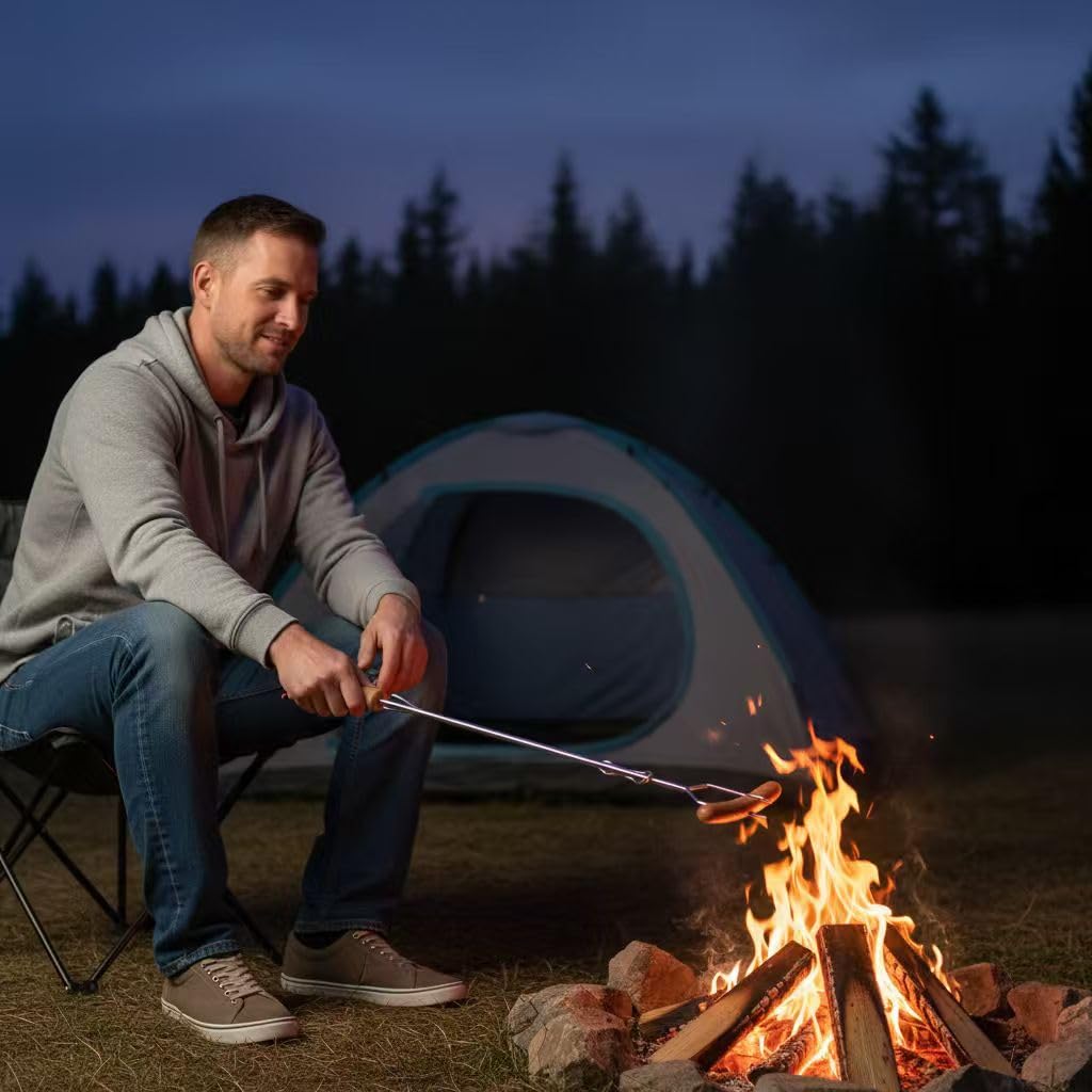 Begatter Grillspieße Lagerfeuer, Marshmallow Spieße Ausziehbar 75cm Lange, Teleskop Barbecue Camping Grillgabel für Würstchen, mit Holzgriffen Inkl. Tasche