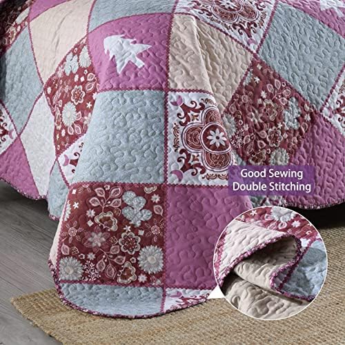 Qucover Quilted Bedspread King Size Microfiber 3-Piece Reversible Purple Flower and Tree Pattern Bedspreads Quilted Throw, Beautiful Coverlets Sets with 2 Pillowcases