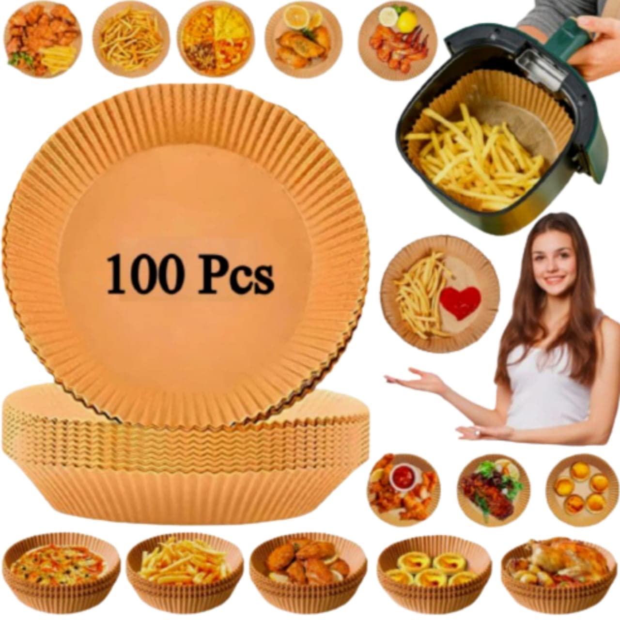 Homvance Air Fryer Disposable Paper Liner, Non Stick Air Fryer Liners, Baking Paper Air Fryer Oil-proof, Water-proof,100PCS Round Baking Paper, Parchment for Baking Microwave (100Pcs-6.3 inch)