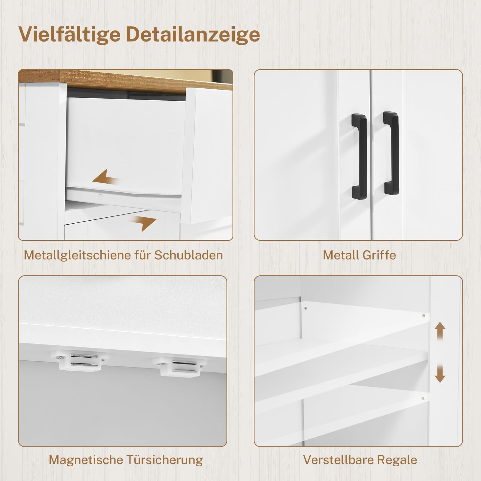 TEENFON 120 cm (B) Sideboard, 80 cm (H) Küchenschrank mit Arbeitsplatte, Buffetschrank mit 2 Schubladen & Verstellbaren Regalen, Küchenzeile für Küche, Wohnzimmer & Flur - 120 x 30 x 80 cm - Weiß