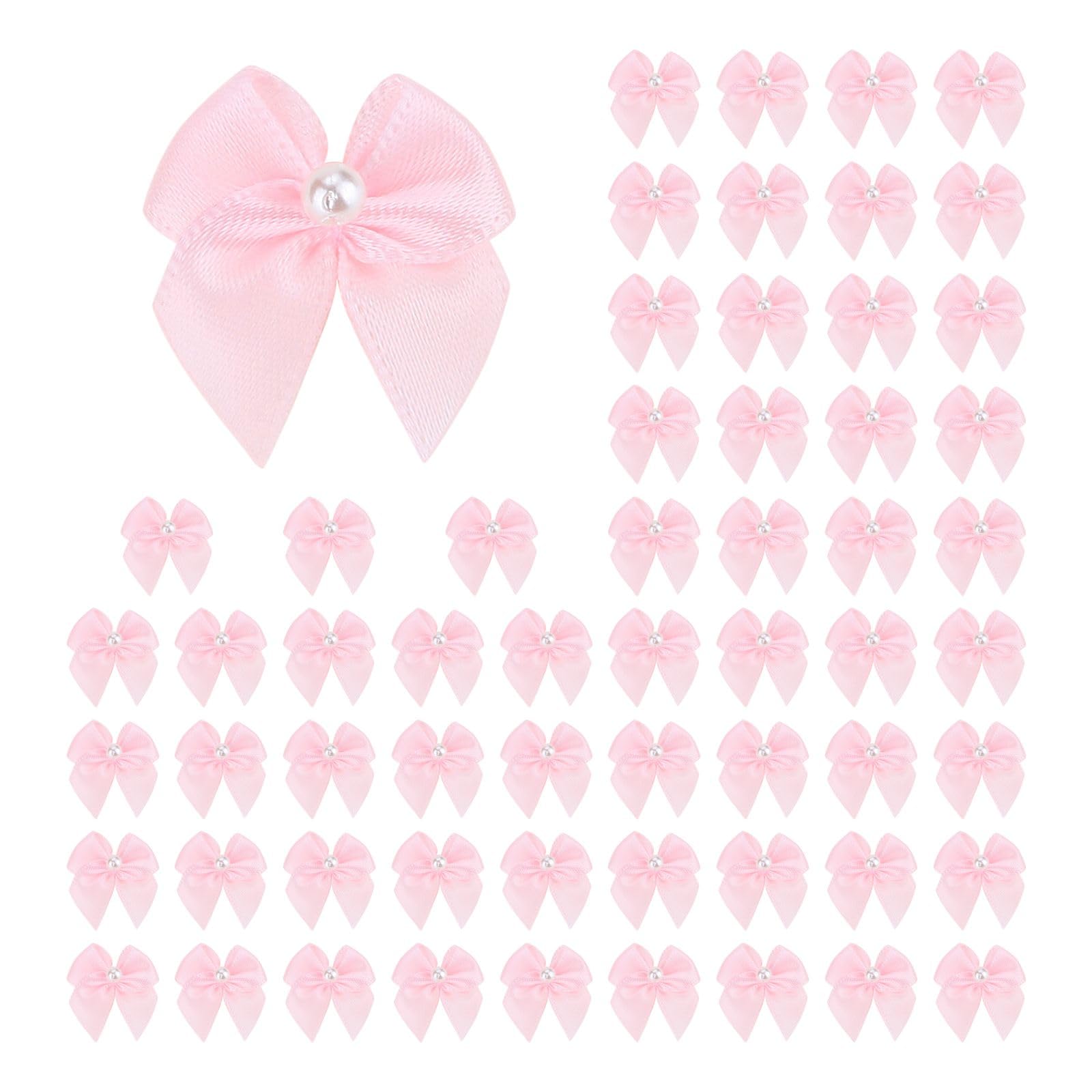 Meseey 60pcs Mini Pastel Pink Satin Ribbon Bows with Pearl 1 Inch Craft Bows Flowers Appliques DIY Craft for Sewing, Scrapbooking, Wedding, Gift,