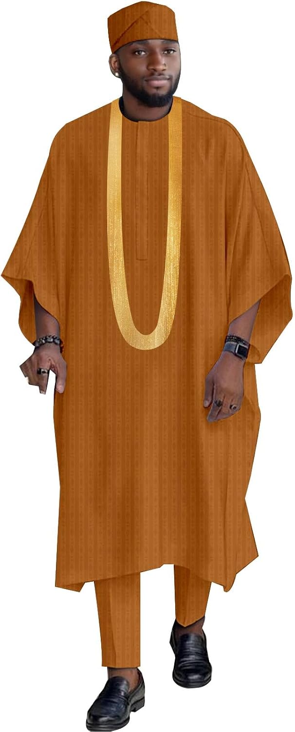 Dashiki for Men Embroidery African Mens Clothing Dashiki Embroidery Robes Pants and Hats Outfits 3 Pieces Set