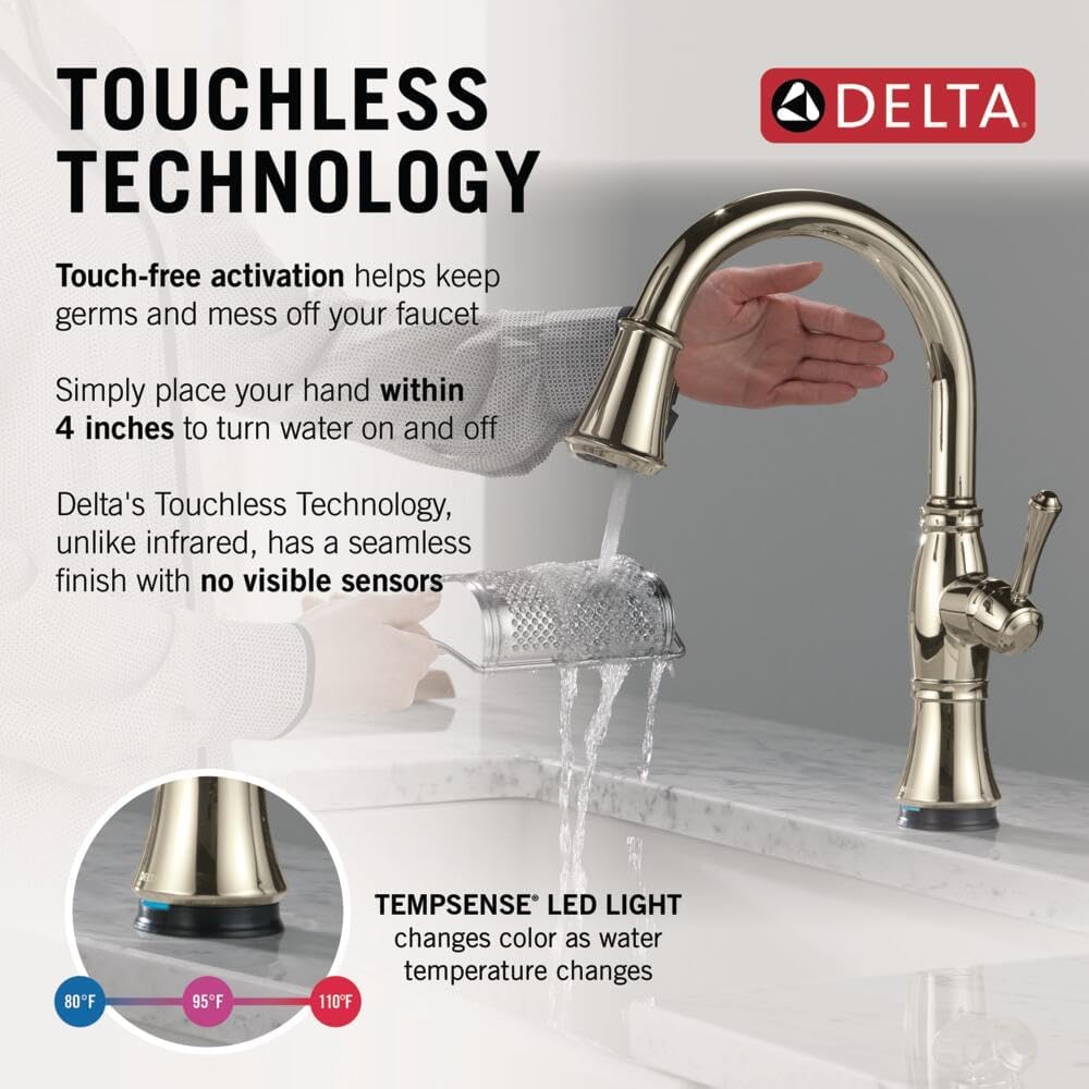 Delta Cassidy Touchless Kitchen Faucet with Touch Technology, Polished Nickel Kitchen Sink Faucet with Pull Down Sprayer, Single Hole, Lumicoat Polished Nickel 9197TL-PN-PR-DST