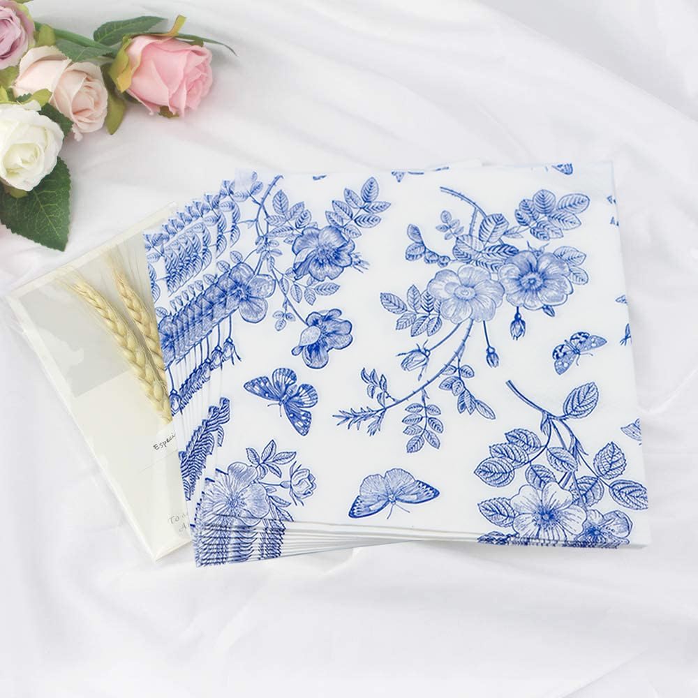 40 Pack Blue White Floral Luncheon Napkins - Fancy Dessert Paper Napkins for Tea Party, Baby Shower, Birthday Party Supplies Decor