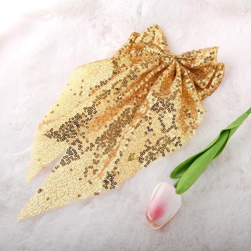 Gold Glitter Hair Bow Clip for Women Girls Big Christmas Bow Hair Clips Gold Cosplay Christmas Hair Accessories for Girls Women Sparkly Long Tail Hair Bow Clips Cute Christmas Hair Bow Barrette Bling - Image 2