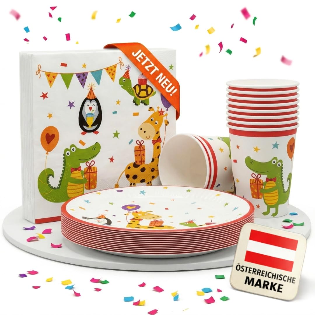 EV® Partygeschirr Set für 16 Gäste, bestehend aus Pappteller, Becher und Servietten, Deko Kindergeburtstag