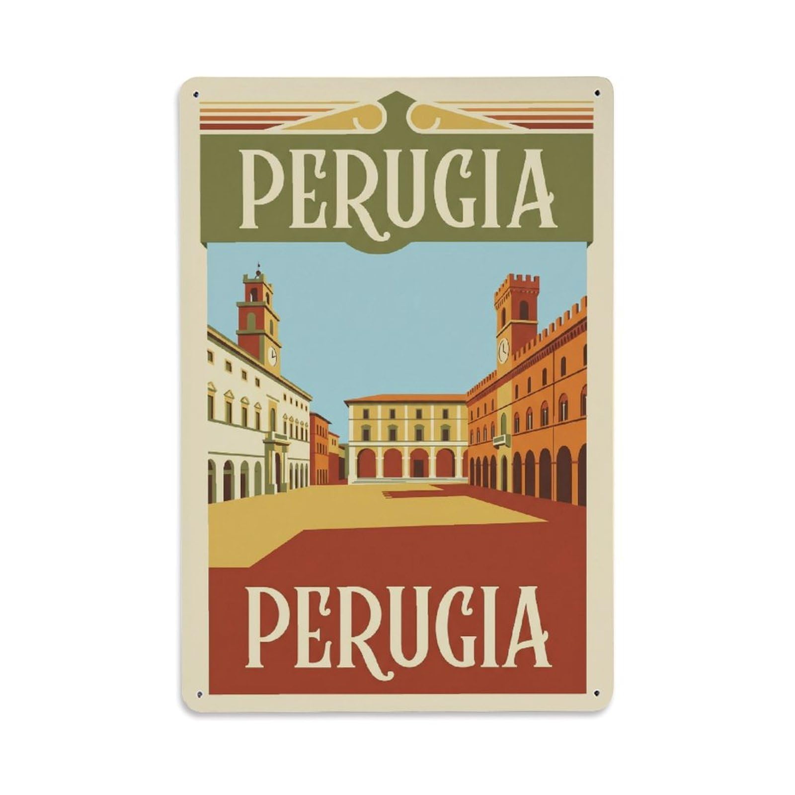 Vintage Travel Perugia Piazza Della Repubblica Clean Italy Metal Tin Sign Plaque Wall Decor for Cafe, Club Bar, Office, Home Garden Metal Poster 8x12Inch