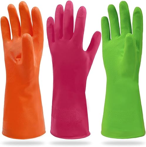Cleanbear Reusable Dish Washing Rubber Glove Set of 3, Household Cleaning Gloves for Washing