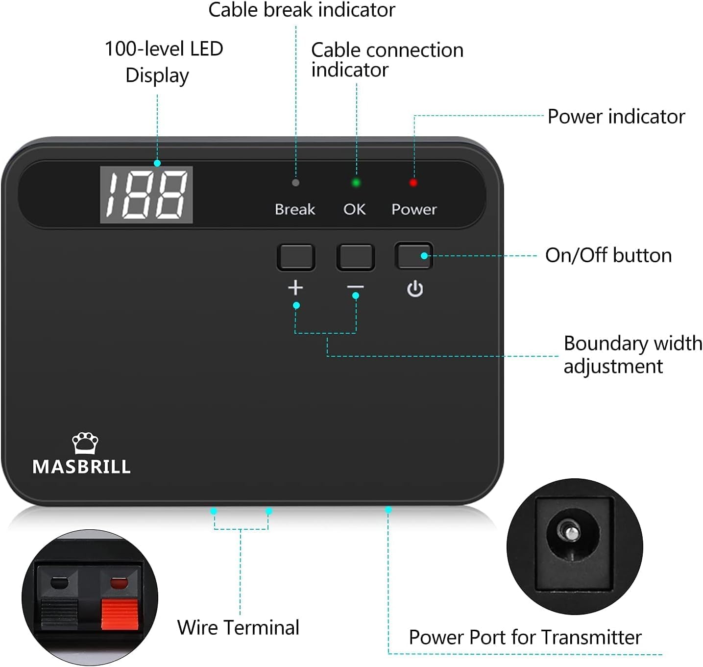 MASBRILL Electric Fence for Dogs, Underground Dog Fence System with Waterproof Rechargeable Training Collar, Tone Shock Correction, Covers up to 3/4 Acre