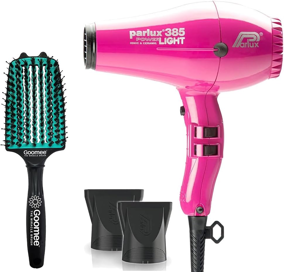 Parlux 385 Powerlight Ionic and Ceramic Pink Hair Dryer with Miracle Large Detangling Brush Mint Green – Lightweight Blow Dryer and Dual Bristle Brush for Smooth, Frizz-Free Hair