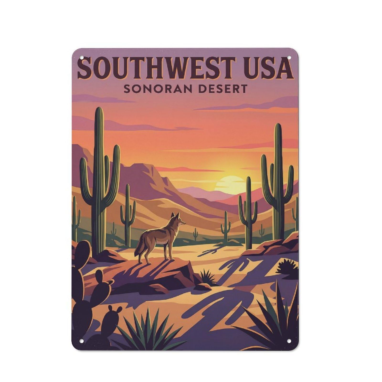 Classic Southwest USA Sonoran Desert Coyote Metal Sign 40x30cm, Classic Pub Decor for Diner, Restaurant, Shed Or Kitchen