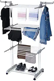Varal De Chão Vertical 3 Andares Dobrável Aço 4 Rodas, Alira Home (Cinza e Branco)