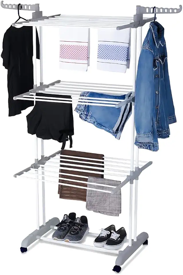Varal De Chão Vertical 3 Andares Dobrável Aço 4 Rodas, Alira Home (Cinza e Branco)