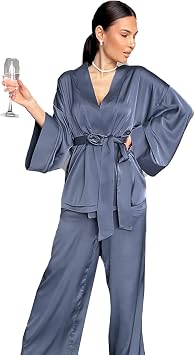 GHYUBYER Sleepwear Sets Woman Silk Satin Silky Sleepwear Long Sleeve Shirt with Long Pajama Pant Set Soft Loungewear Color Blue, Size Large
