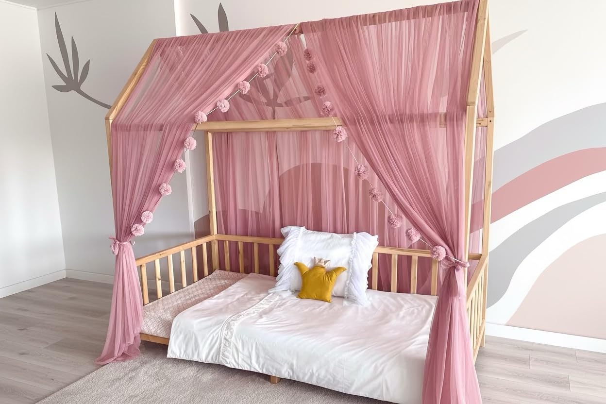Baby Fancyroom Hausbett Himmel Betthimmel Altrosa für Kinderbett Kinderzimmer Baldachin Bettvorhang Betthimmel für Mädchen Prinzessin Zimmer (380cm, mit Pompomgirlande)