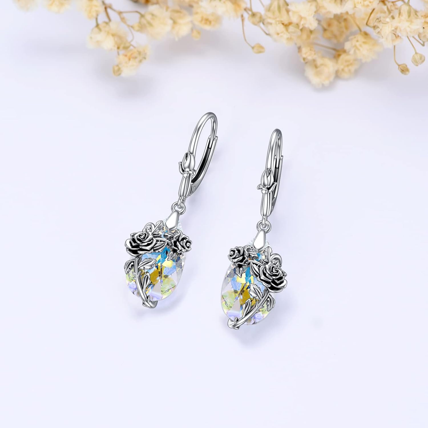 Mothers Day Gifts Birth Flower Aurora Borealis Earrings Sterling Silver Hypoallergenic Crystal Birthday Floral Flower Jewelry Birthday Gifts for Women Mom - Image 4