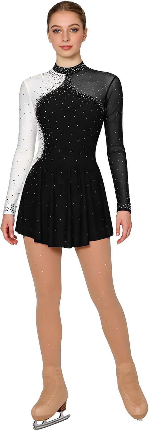 XUNZOO Figure Skating Dress Long Sleeves Rhinestone Dance Competition Costume with Buckle Boot Covers Set