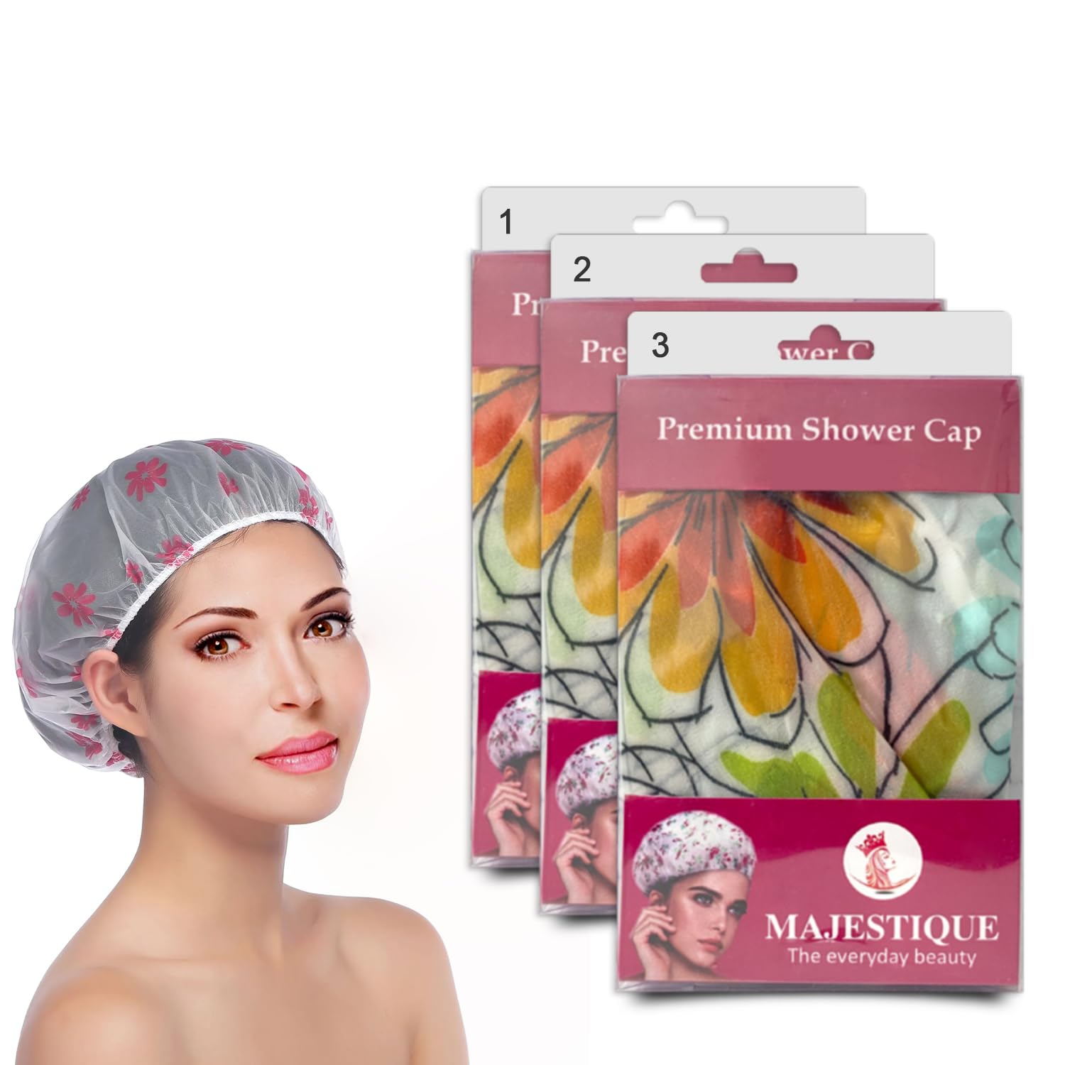 Majestique Shower Cap for Women – 3Pcs Reusable, Waterproof & Washable Hair Cap for Bath | Stylish & Durable for All Hair Lengths & Types