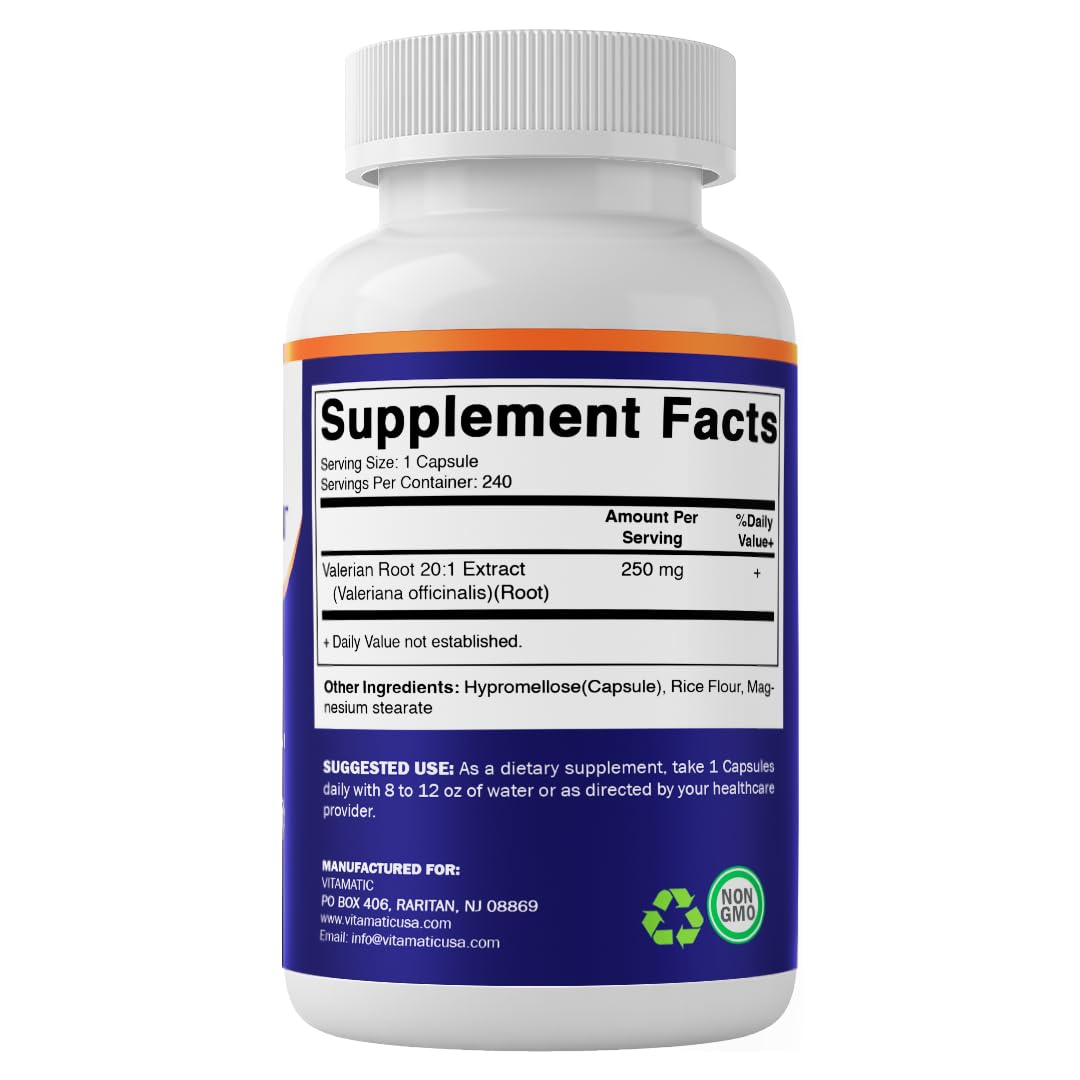 Vitamatic Valerian Root 20:1 Extract 250 mg, 240 Capsules, Made in USA — Amazon image 7