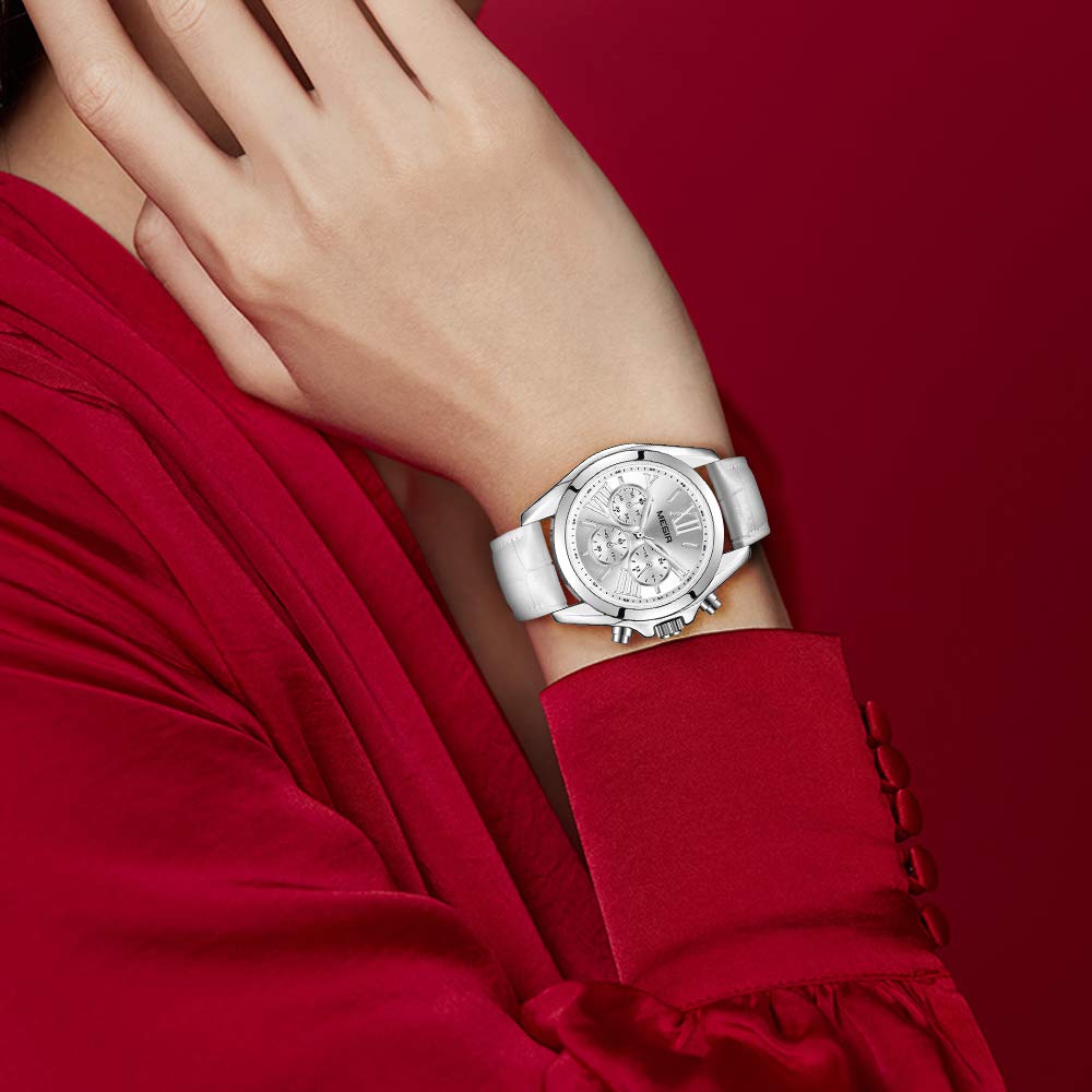 MEGIR Orologio da Donna Cronografo Analogico al Quarzo con Cinturino in Pelle Impermeabil