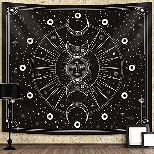 Arawat Tapestry Moon Phases Wall Towel Black Tapestry Moon Wall Decoration Psychedelic Carpet Gothic Tapestry Trippy Wall Towel Wall Hanging Wall Decoration (150 x 200 cm)
