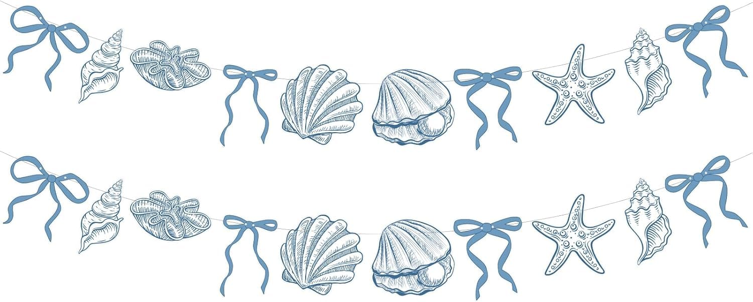 2 Pack Blue Bow Starfish and Seashell Garland 6.56 ft Ocean Coastal Nautical Beach Party Under The Sea Paper Bow Hanging Banner for Summer Birthday