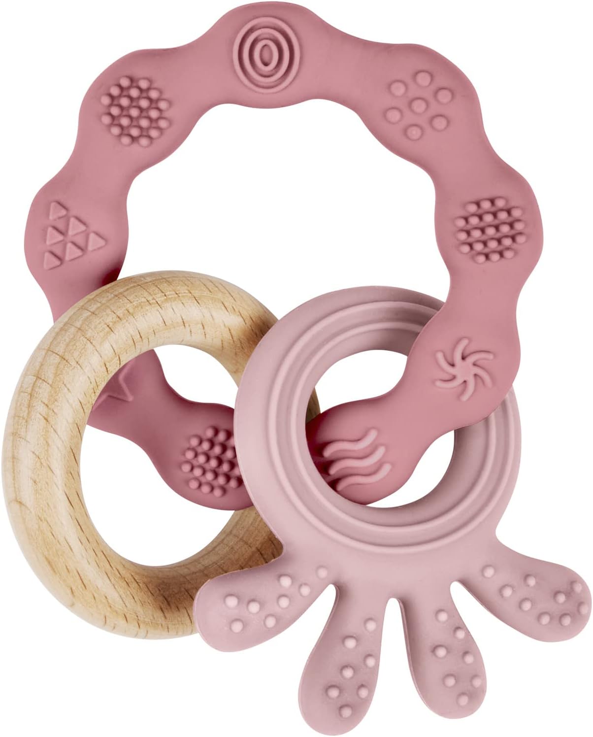 Vicloon Jouets de dentition pour bébé, anneau de dentition en silicone et bois, jouets à mâcher pour bébé, faciles à saisir et à nettoyer, jouets à mâcher en silicone (rose clair)