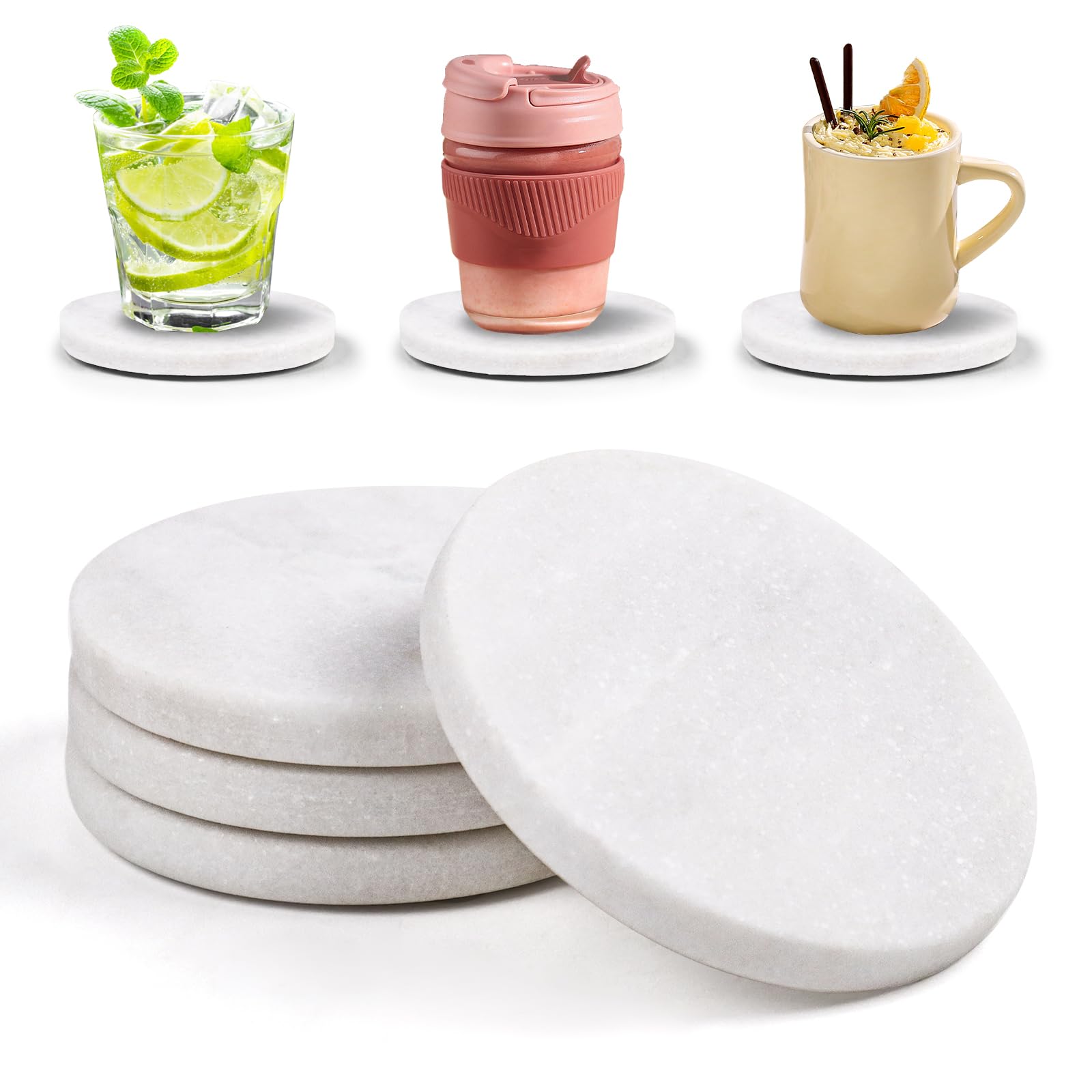 Photo 1 of ** SET OF 2** White Marble Coasters with Bling Particles, Set of 4 - Natural Marble Stone Drink Coaster with Protective Silicone Feet, 4 inch Diameter, 0.4 inch Thick - Heat-Resistant Coasters for Coffee Table