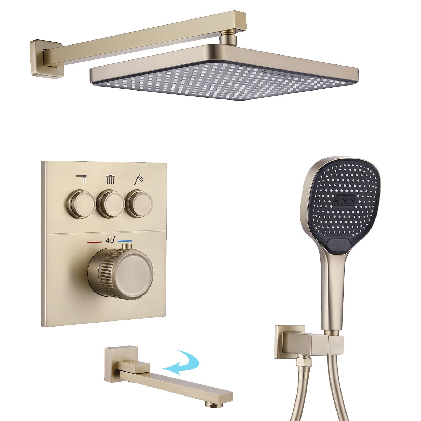 Colonne de Douche Encastrée, HSS0465 Moderne Ensemble de Douche Thermostatique, 30x20cm Pluie Systèmes de Douche, Touches du Piano, Douchette à Main 3 Modes, Robinet de Baignoire Pliable