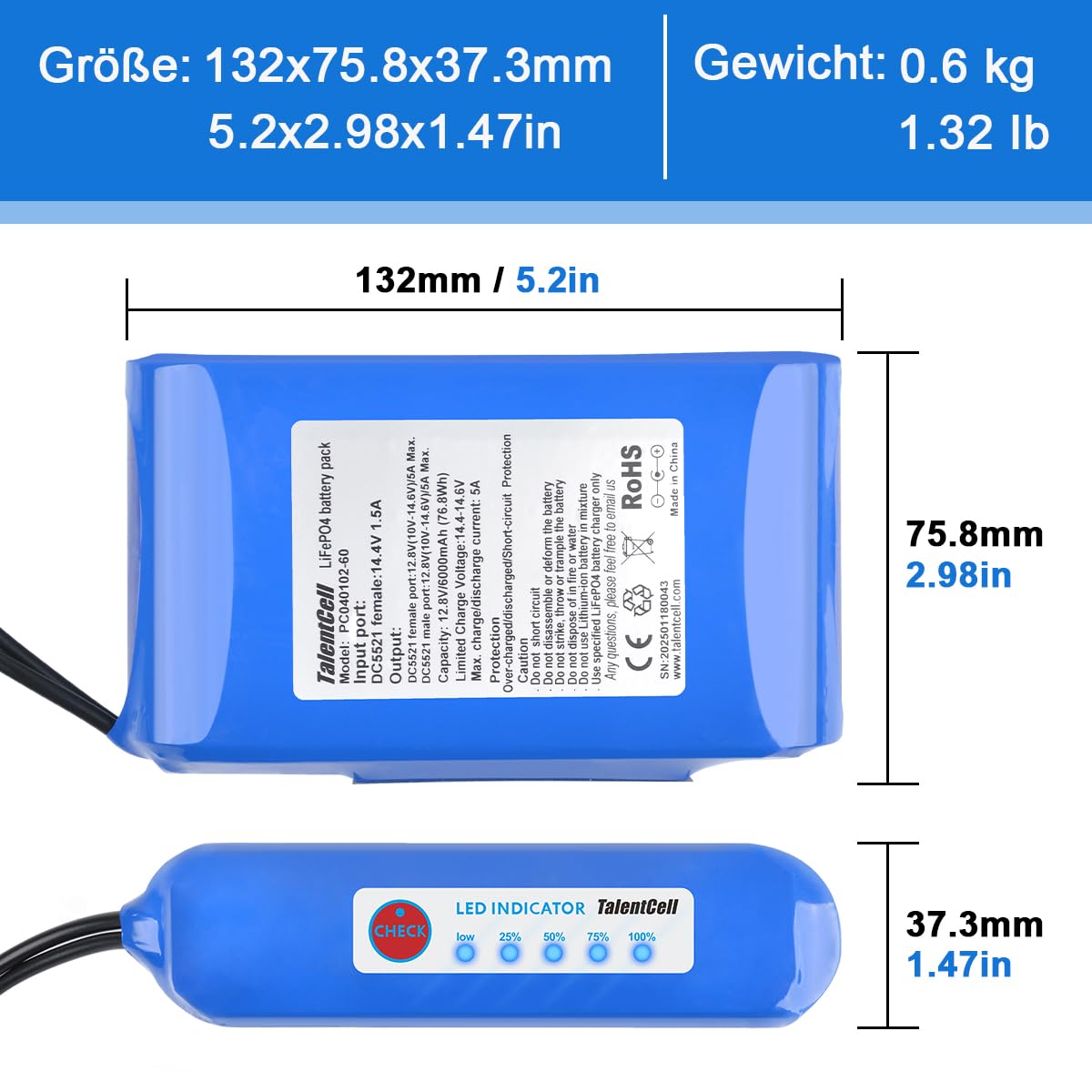 Talentcell 12V LiFePO4 Akkupack, 3000+ Zyklen Wiederaufladbare 12.8V 6Ah 76.8Wh Lithium Eisen Phosphat Batterie mit DC 12V Ausgang für LED Streifen, CCTV Kamera, Router, DIY und mehr