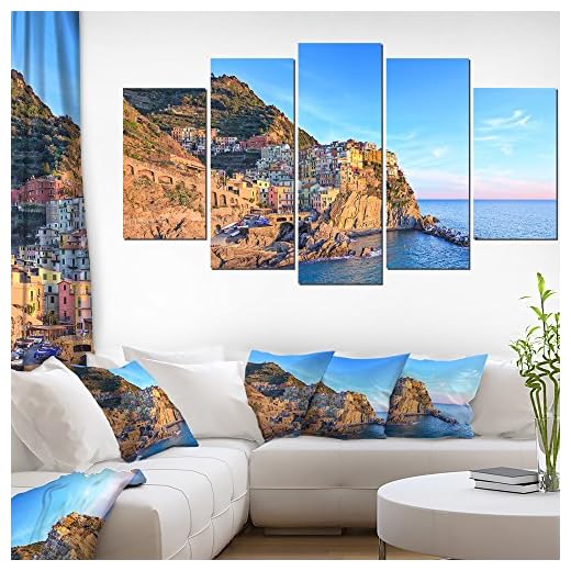 Designart PT11387-373 Manarola Village Cinque Terre Italy-Extra Large Seashore Canvas Art (5 Piece), 60" x 32"