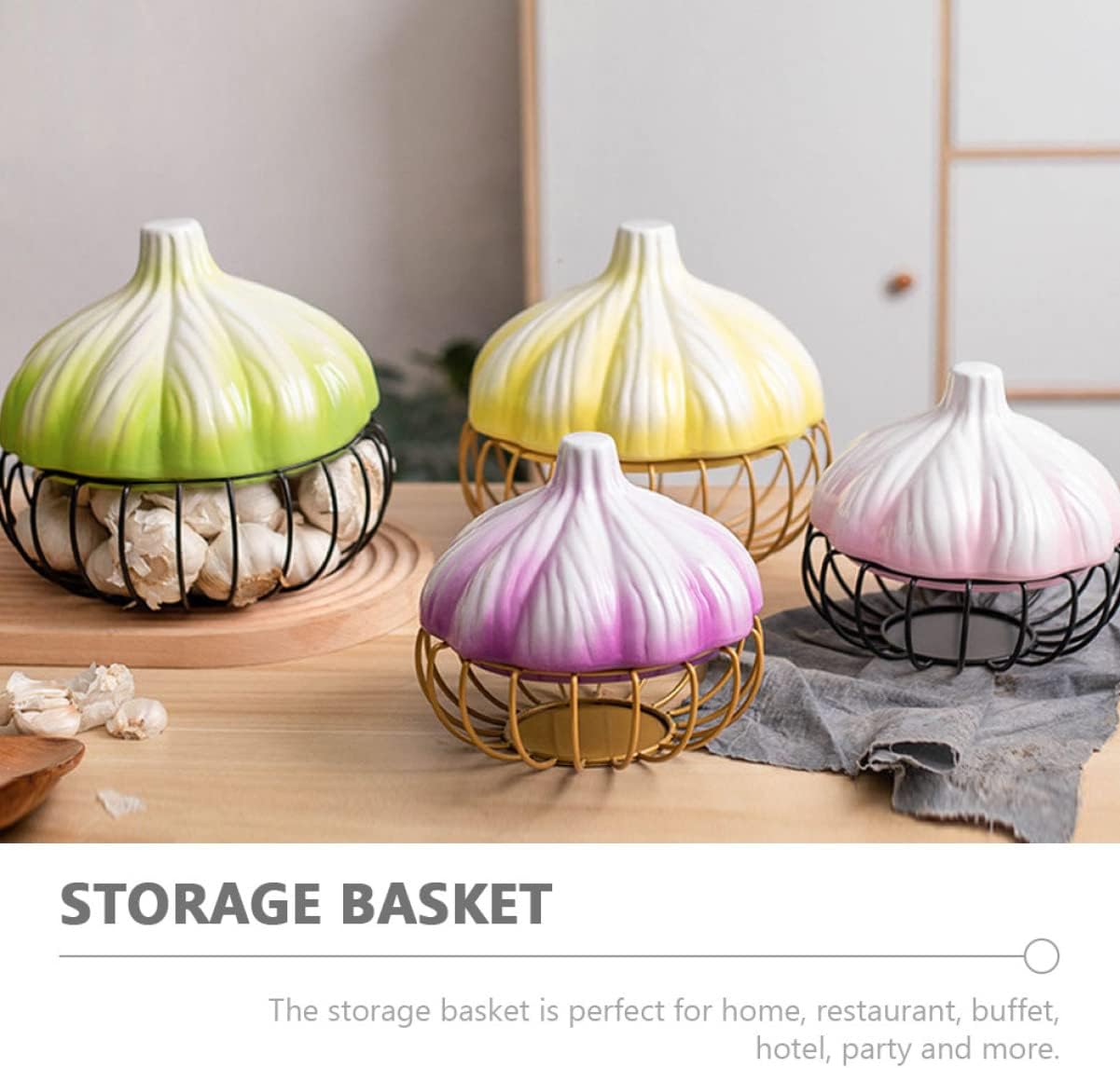 Cast Iron Garlic Roaster Garlic Keeper Storage Container: Ceramic Garlic Holder with Metal Lid Garlic Jar Storage Egg Keeper for Counter Kitchen Supplies L Berry Baskets(Size:22X20.5CM