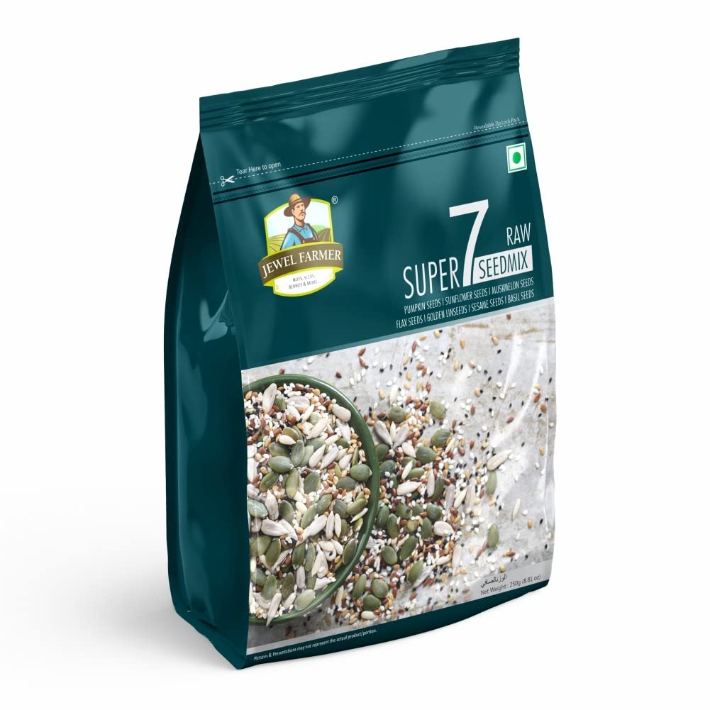 JEWEL FARMER Raw Super 7 Seedmix with Pumpkin Seeds, Sunflower Seeds, Muskmelon Seeds, Flax Seeds, Golden Linseeds, Sesame Seeds, Basil Seeds (250g) (B09R3VTMCN) Amazon Price History, Amazon Price Tracker